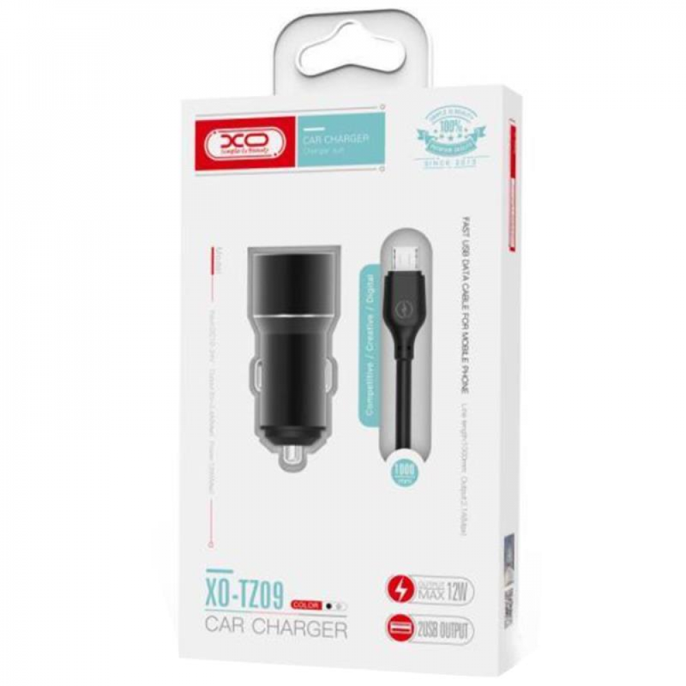 Автомобільний зарядний пристрій XO TZ09 (2USB, 2.4A) Black (6920680873500) + кабель USB Type-C