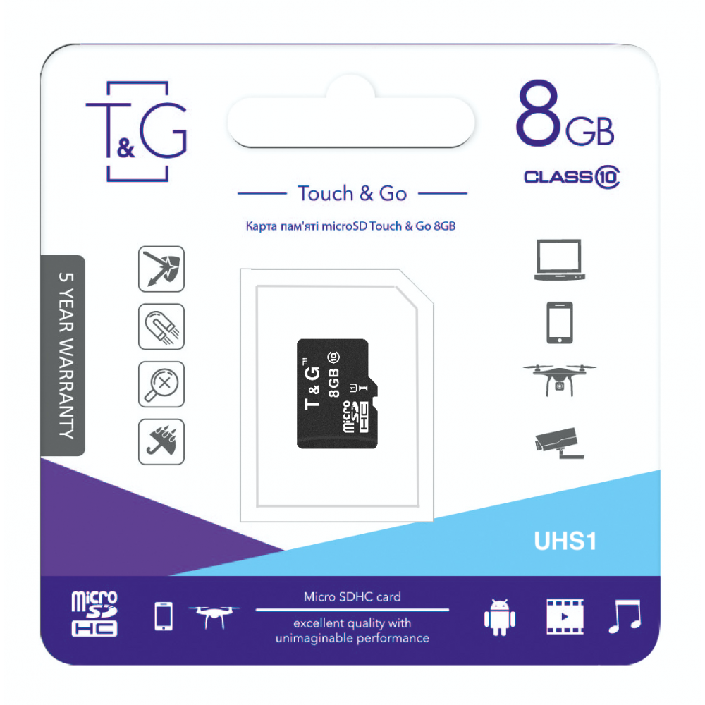 Карта пам`ятi MicroSDHC 8GB UHS-I Class 10 T&G (TG-8GBSD10U1-00)
