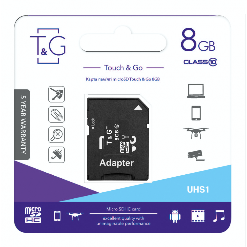 Карта пам`ятi MicroSDHC 8GB UHS-I Class 10 T&G + SD-adapter (TG-8GBSD10U1-01)