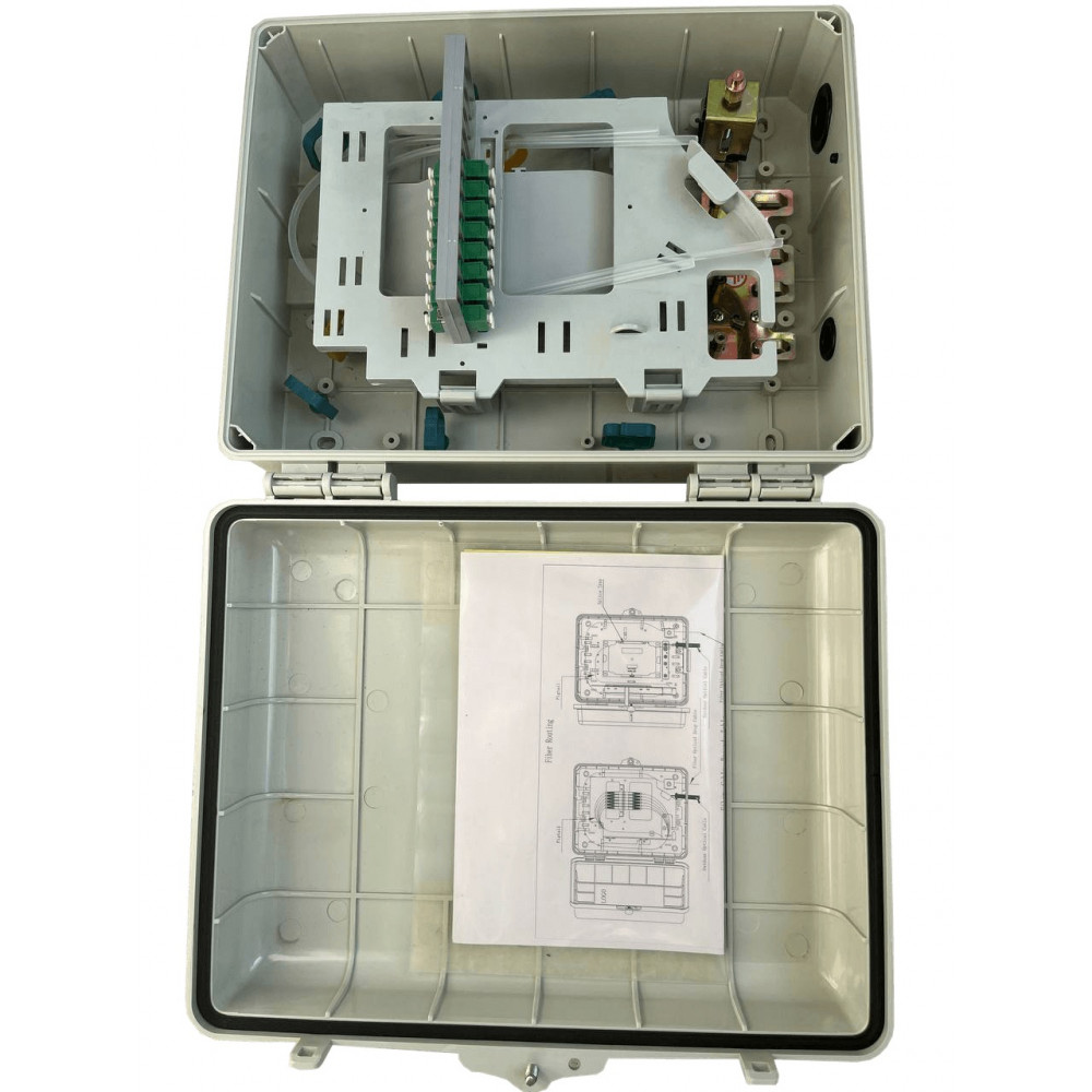 Герметичний оптичний бокс Abee настінного монтажу на 8 адаптерів LC Duplex та сплайс-касетою на 24 волокна (OptiBox-8LCDU-24-plast)