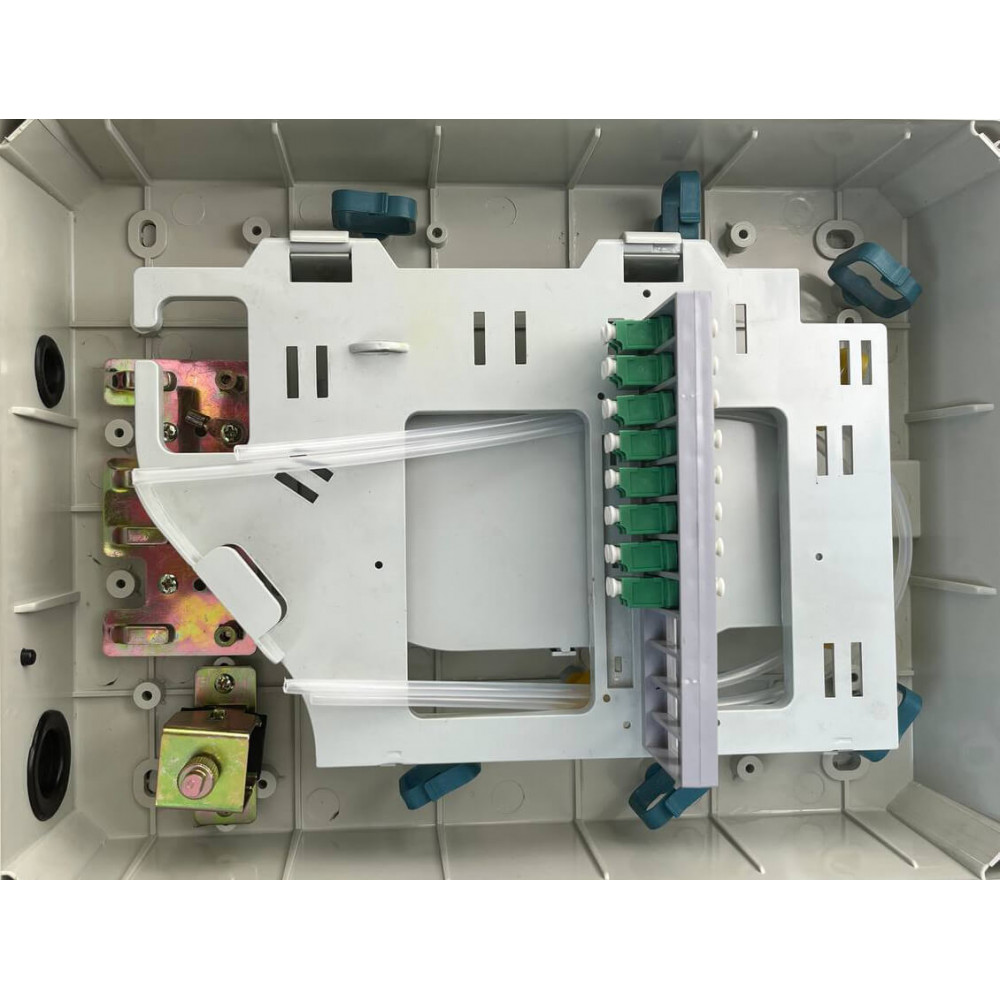 Герметичний оптичний бокс Abee настінного монтажу на 8 адаптерів LC Duplex та сплайс-касетою на 24 волокна (OptiBox-8LCDU-24-plast)