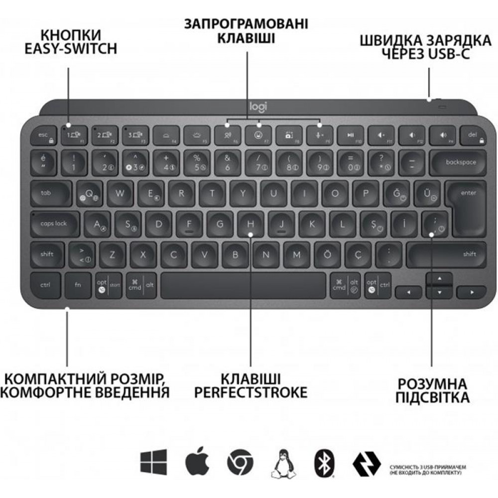 Клавіатура бездротова Logitech MX Keys Mini Wireless Illuminated Graphite (920-010498)