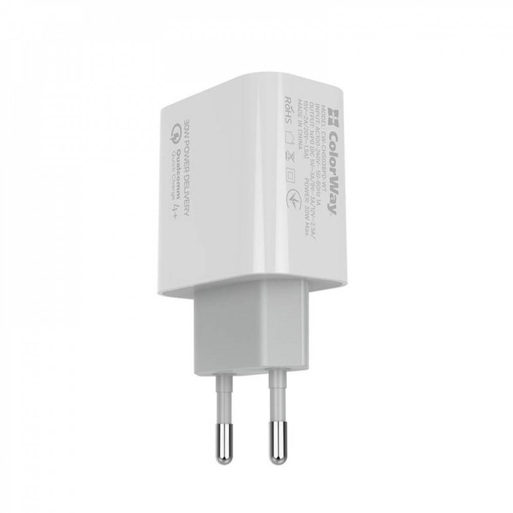Мережевий зарядний пристрій ColorWay Power Delivery Port PPS USB Type-C (30W) White (CW-CHS038PD-WT)