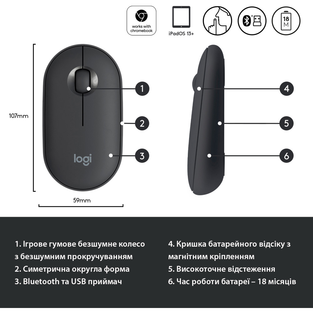 Миша бездротова Logitech Pebble M350 (910-005718) Black USB