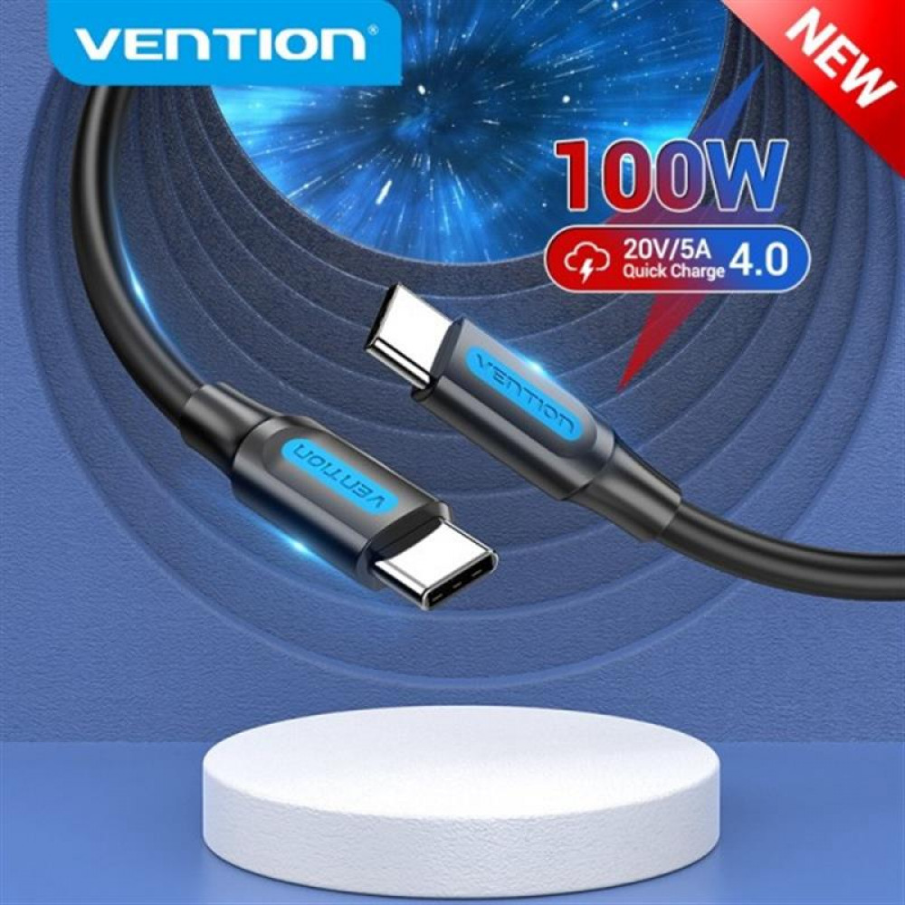 Кабель Vention USB Type-C - USB Type-C (M/M) TPE Round PD 100W, 5A, 1 м, Black (COTBF)