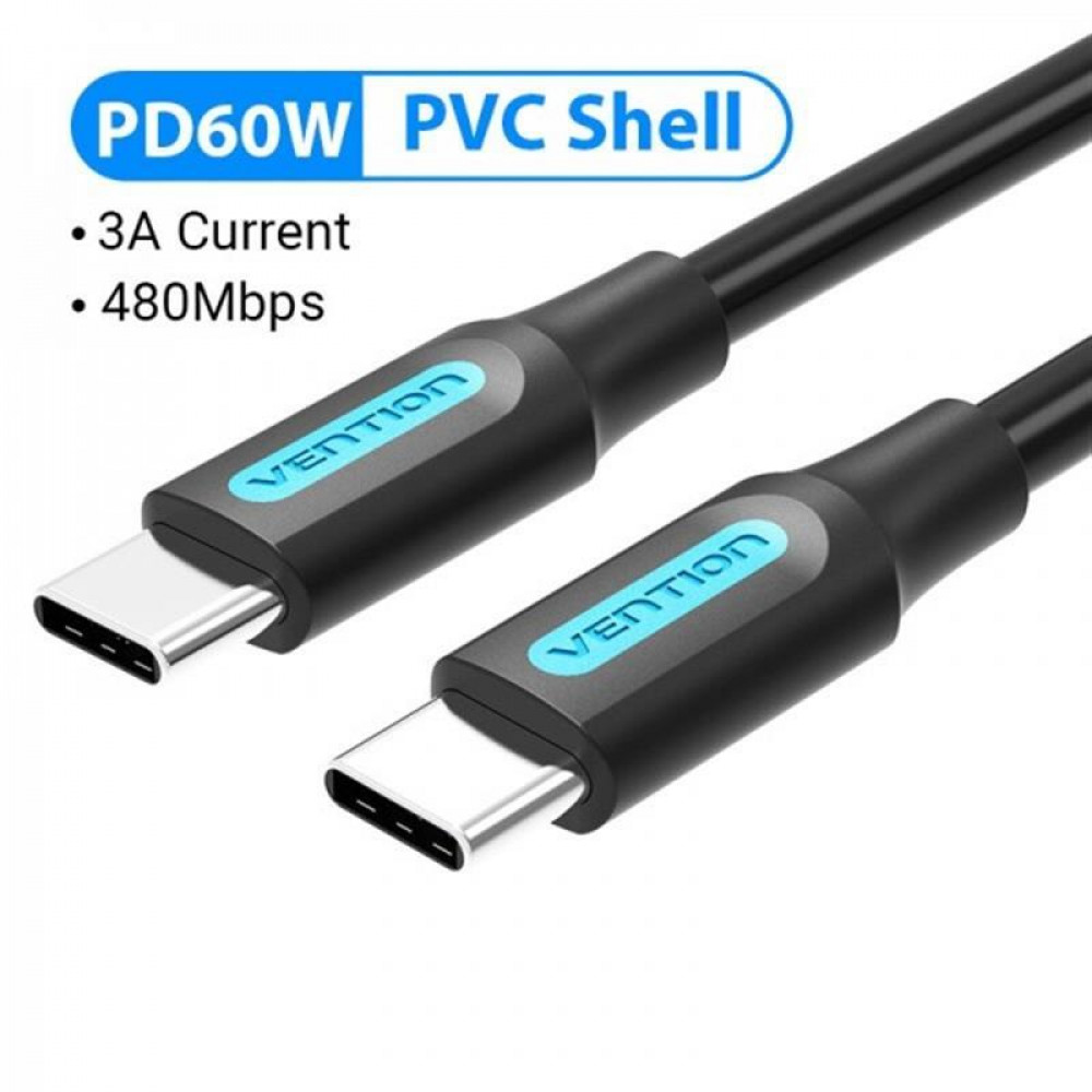 Кабель Vention USB Type-C - USB Type-C (M/M) TPE Round PD 60W, 3A, 0.5 м, Black (COSBD)