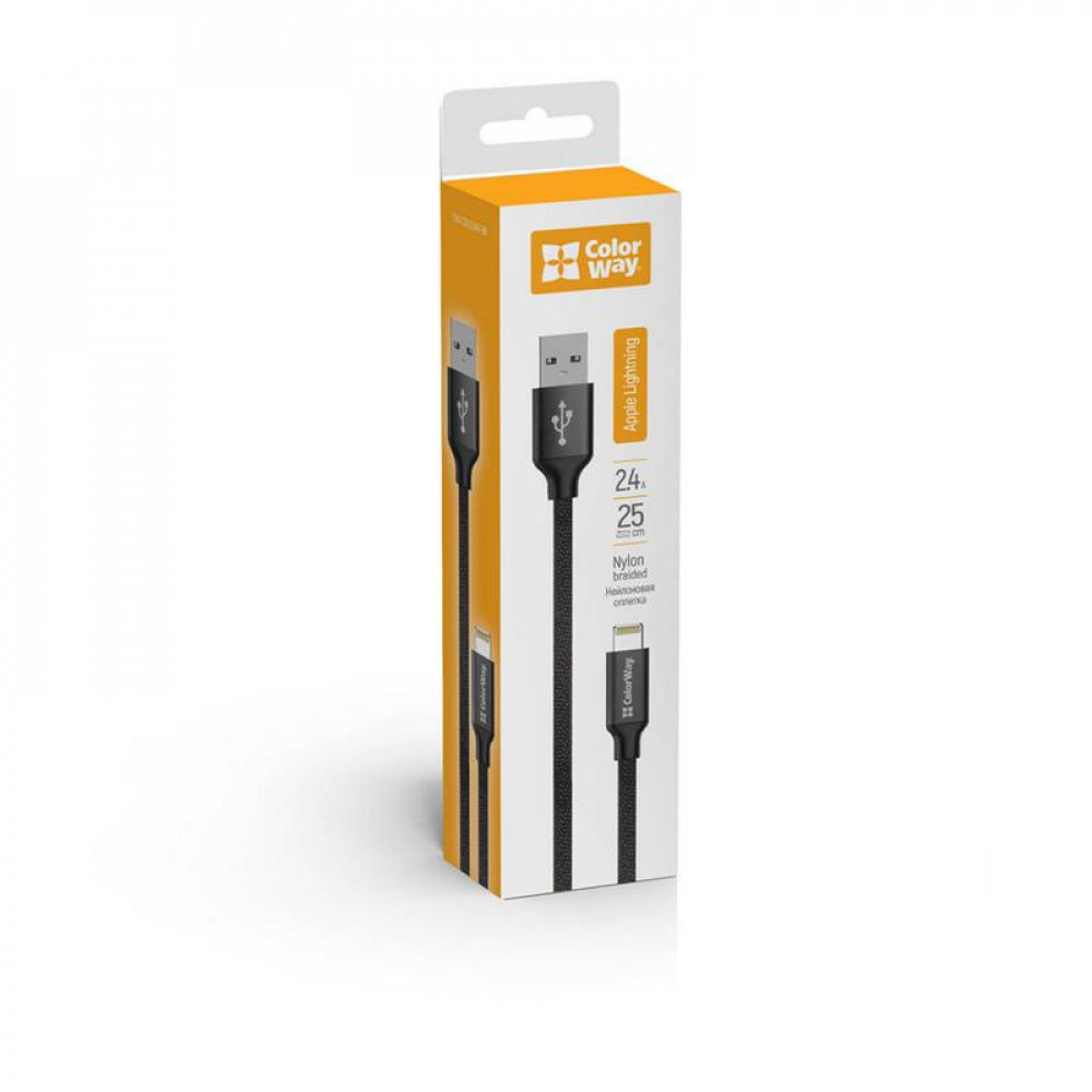 Кабель ColorWay USB - Lightning (M/M), 2.4 А, 0.25 м, Black (CW-CBUL048-BK)