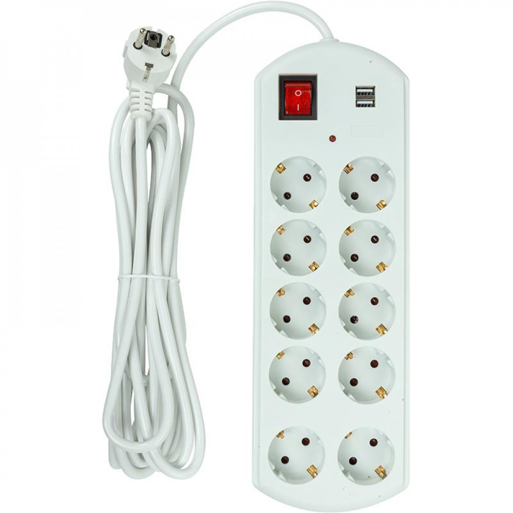 Фільтр живлення PowerPlant YS-N6065/5 (EX610556) 10 розеток, 2xUSB, 5 м, євростандарт, білий