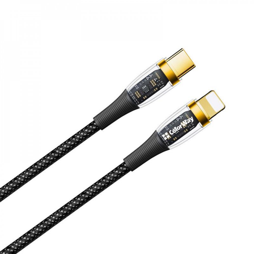 Кабель ColorWay USB Type-C - Lightning (M/M), transparent head, PD Fast Charging 27W, 3.0 А, 1.2 м, Black (CW-CBPDCL057-BK)