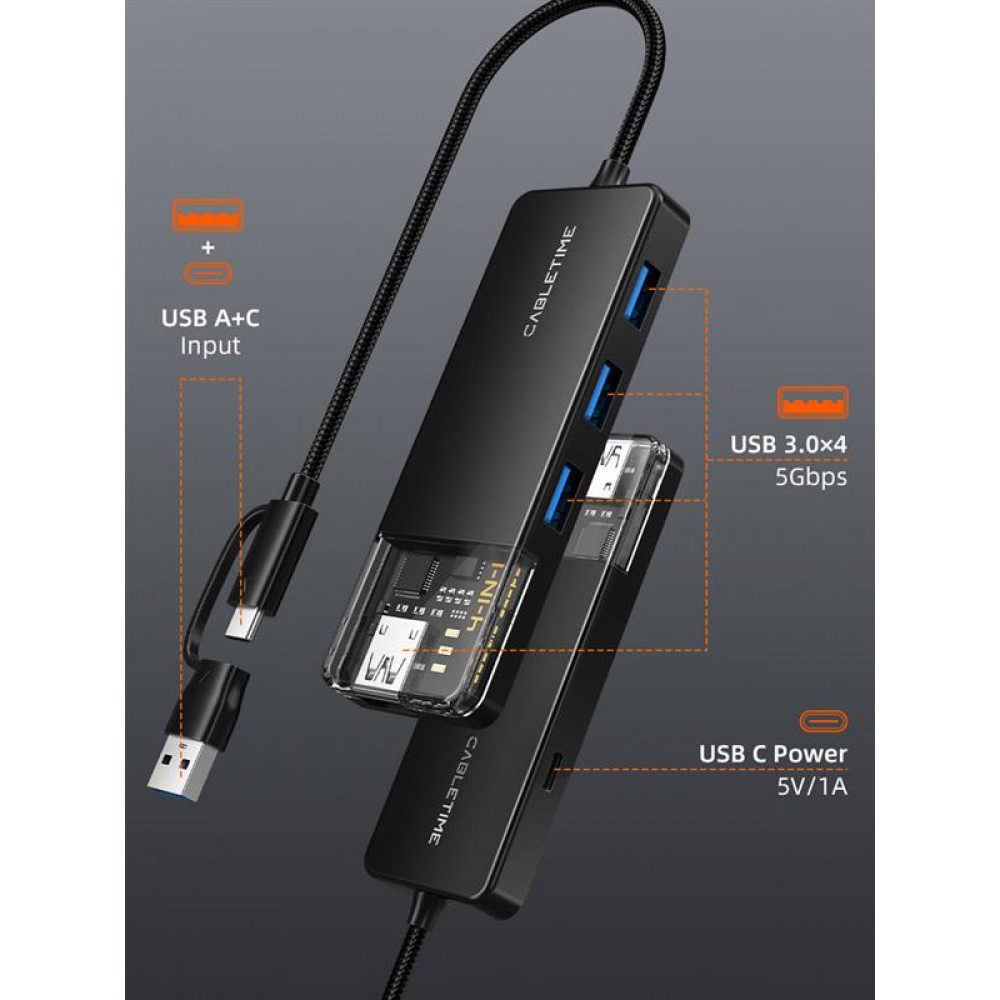 USB-хаб Cabletime CB03B USB Type-C 4-в-1