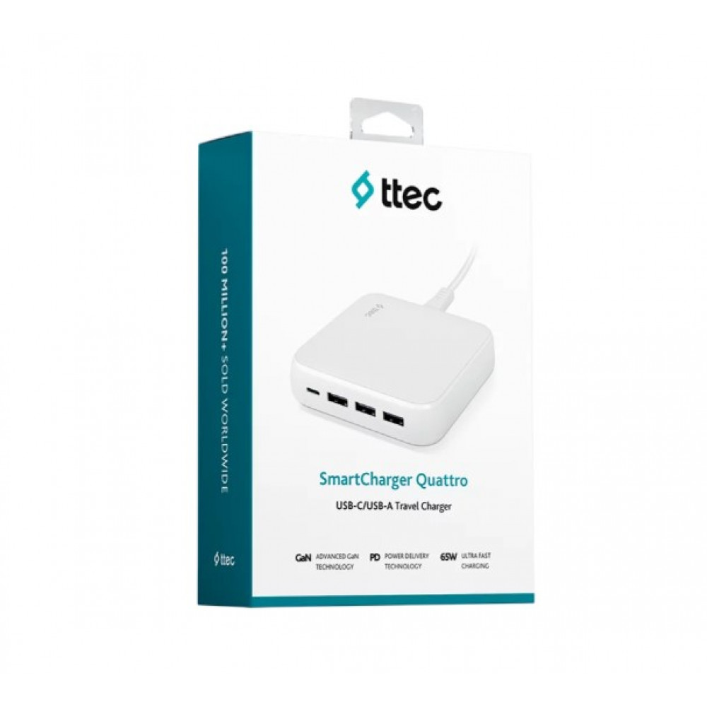 Мережевий зарядний пристрій Ttec SmartCharger Quattro GaN USB-C/USB-A 65W White (2SCG02B)