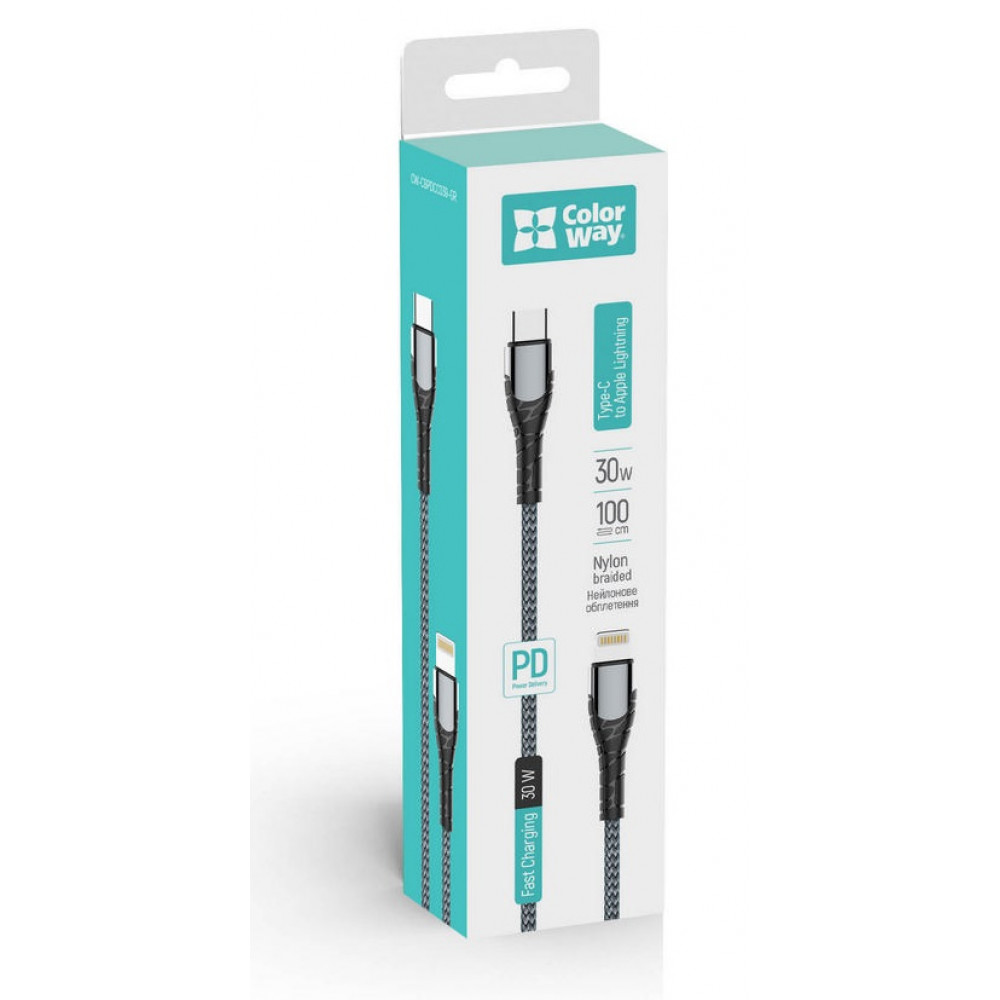 Кабель ColorWay USB-C - Lightning (M/M), PD Fast Charging, 3 А, 1 м, Grey (CW-CBPDCL033-GR)