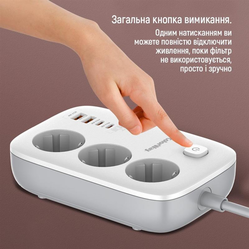 Фільтр живлення ColorWay CW-CHE34PDW GaN3 Pro PD 65W (2USB-A + 2 TYPE-C) 3 розетки, 4 USB, 2 м, білий
