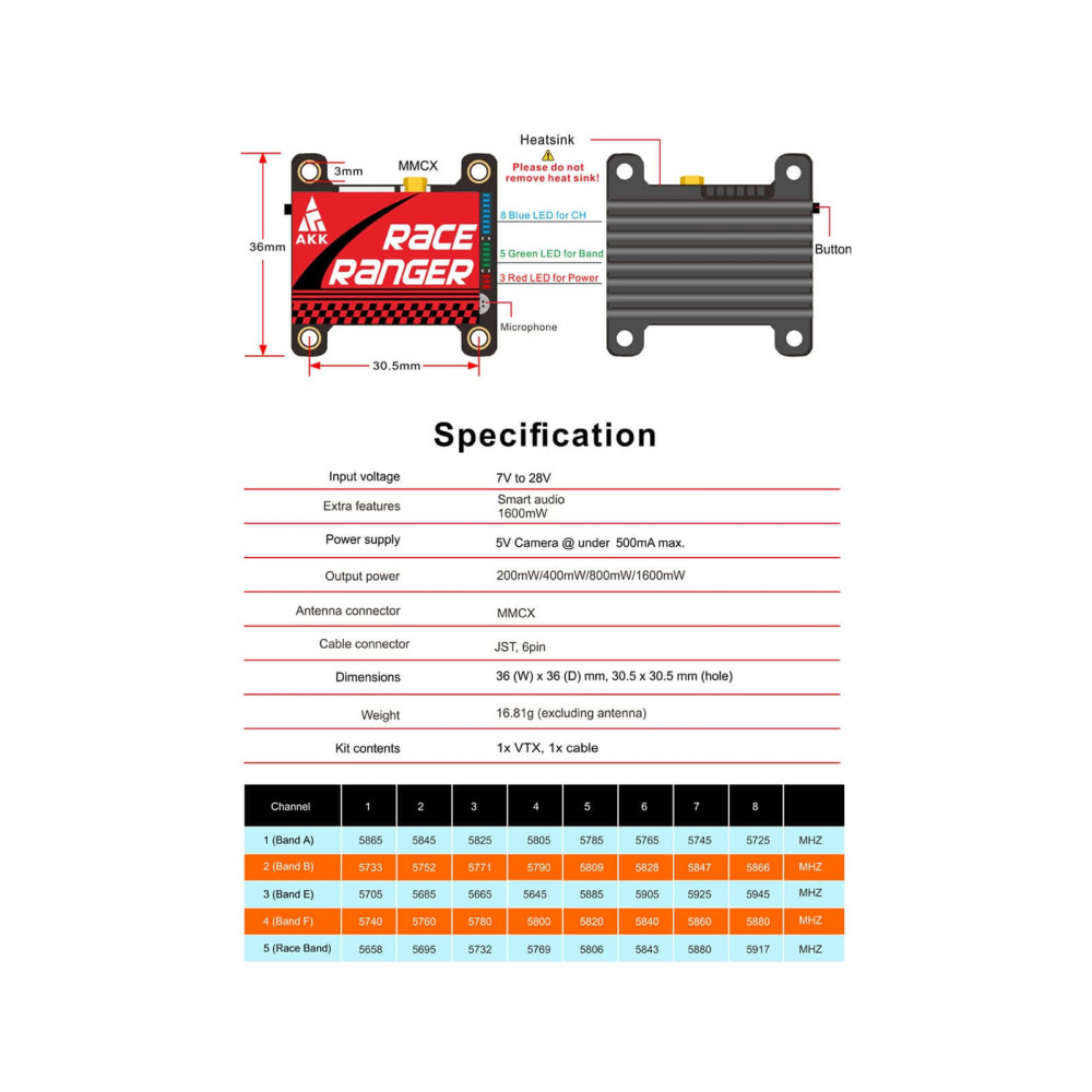Відеопередавач (VTX) AKK Race Ranger 1.6W 5.8GHz 48CH L,X Band (TX1918LX)