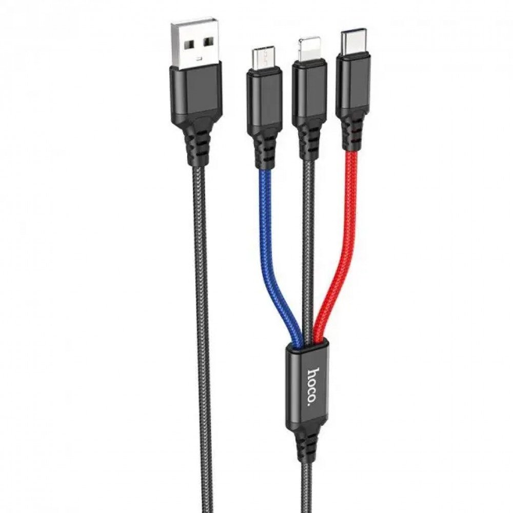 Кабель Hoco X76 Super Charging 3in1 USB - Lightning/micro USB/USB-C (M/M), 2A, 1 м, Black/Red/Blue (K25610)