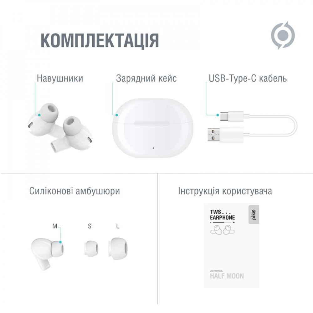 Bluetooth-гарнiтура Piko TWS-HalfMoon White (1283126583391)