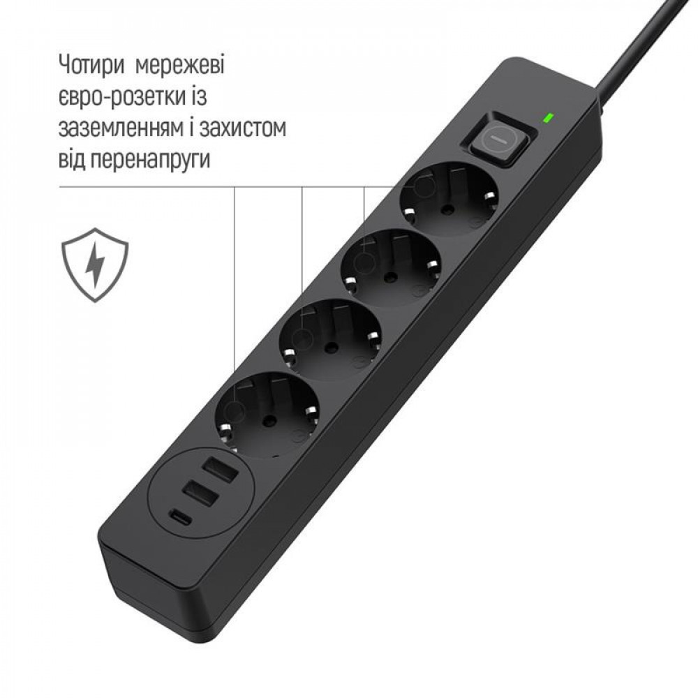 Фільтр живлення ColorWay CW-CHE435PDB 4 розетки, 3USB (2USB-A + 1 TYPE-C) (24W), 2м, Black