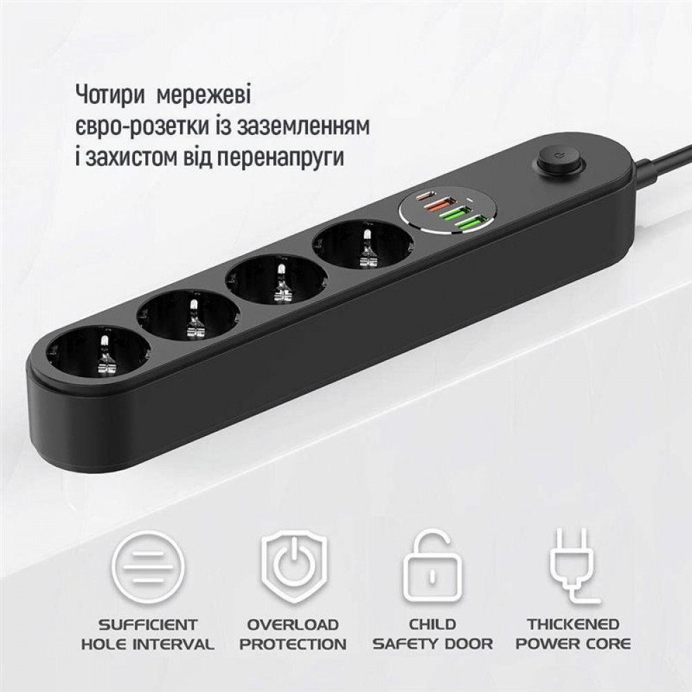 Фільтр живлення ColorWay CW-CHE44PDB 4 розетки, 4USB (Type-C PD20W + 3USB QC3.0) (45W), 2м, Black