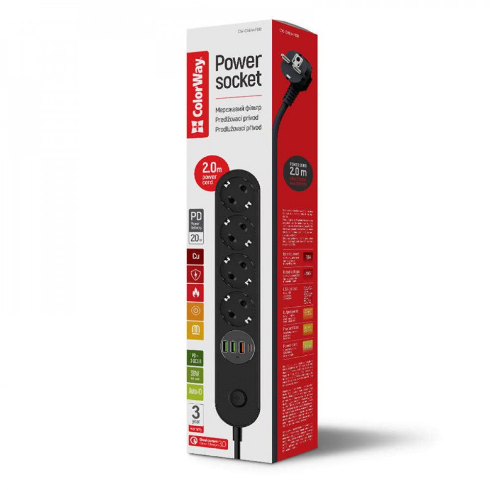 Фільтр живлення ColorWay CW-CHE44PDB 4 розетки, 4USB (Type-C PD20W + 3USB QC3.0) (45W), 2м, Black