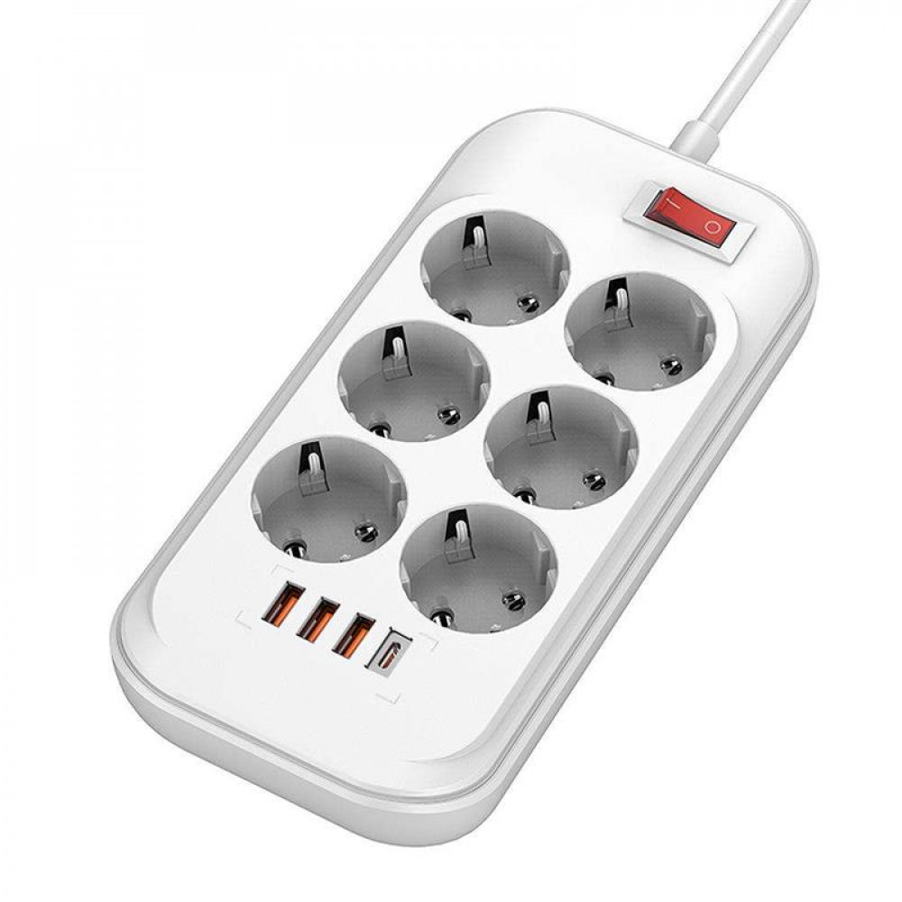 Фільтр живлення ColorWay CW-CHE64PDW 6 розеток, 4USB (Type-C PD20W + 3USB QC3.0) (38W), 2м, White
