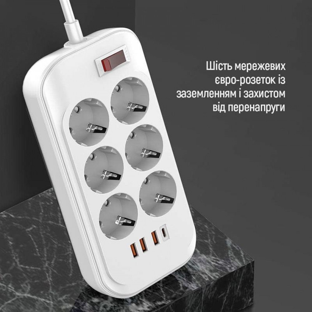 Фільтр живлення ColorWay CW-CHE64PDW 6 розеток, 4USB (Type-C PD20W + 3USB QC3.0) (38W), 2м, White