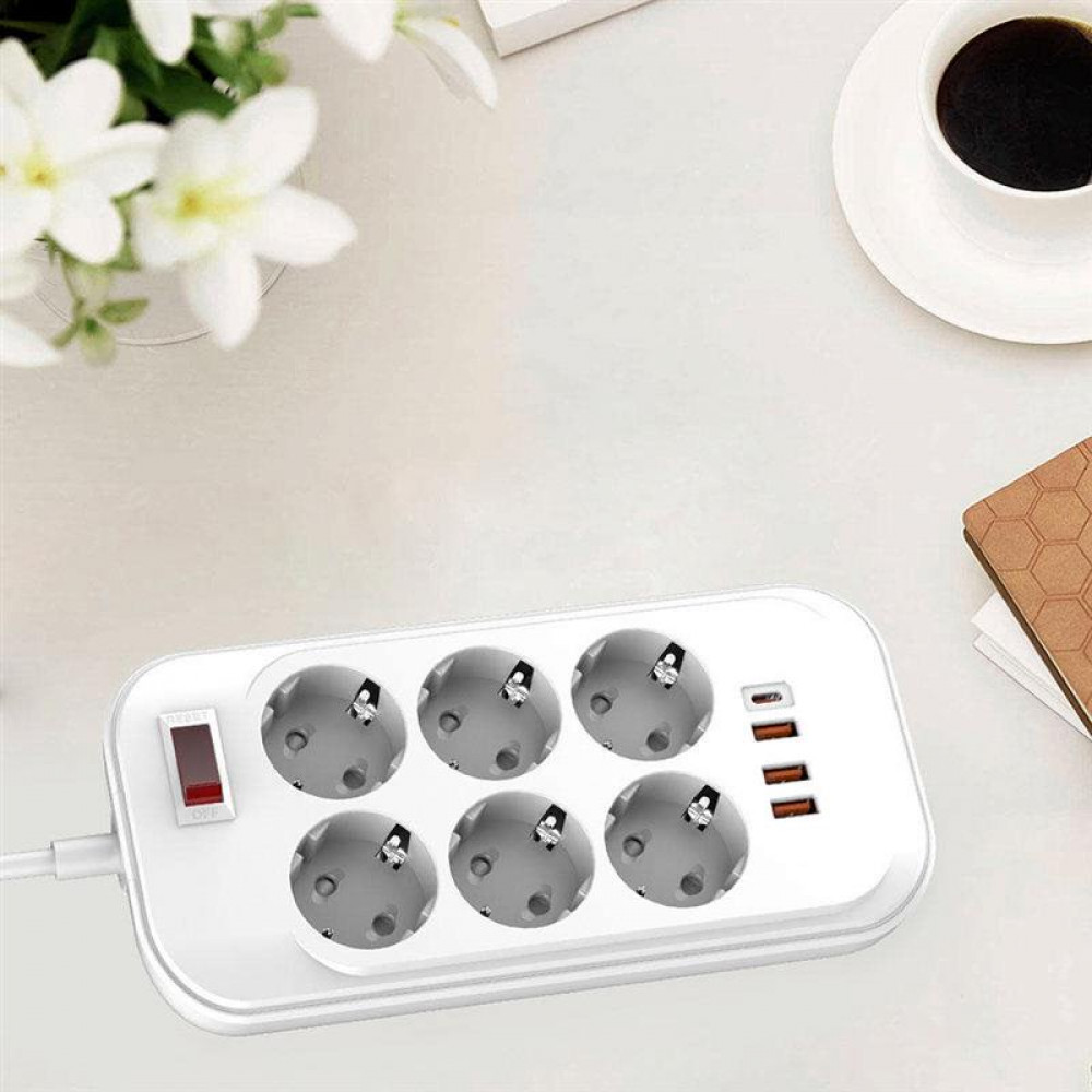 Фільтр живлення ColorWay CW-CHE64PDW 6 розеток, 4USB (Type-C PD20W + 3USB QC3.0) (38W), 2м, White