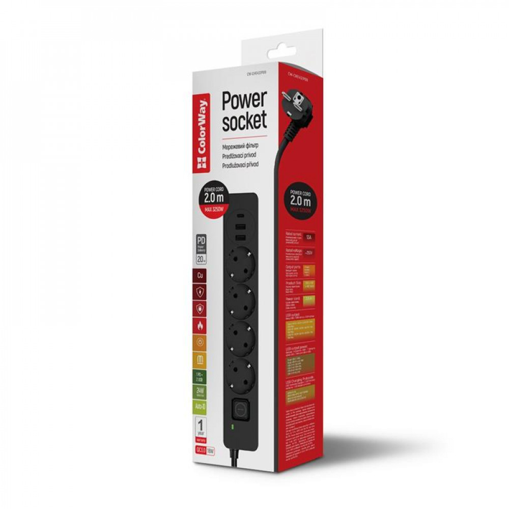 Фільтр живлення ColorWay CW-CHE432PDB 4 розетки, 3USB (2USB-A + 1 TYPE-C) (24W), 2м, Black