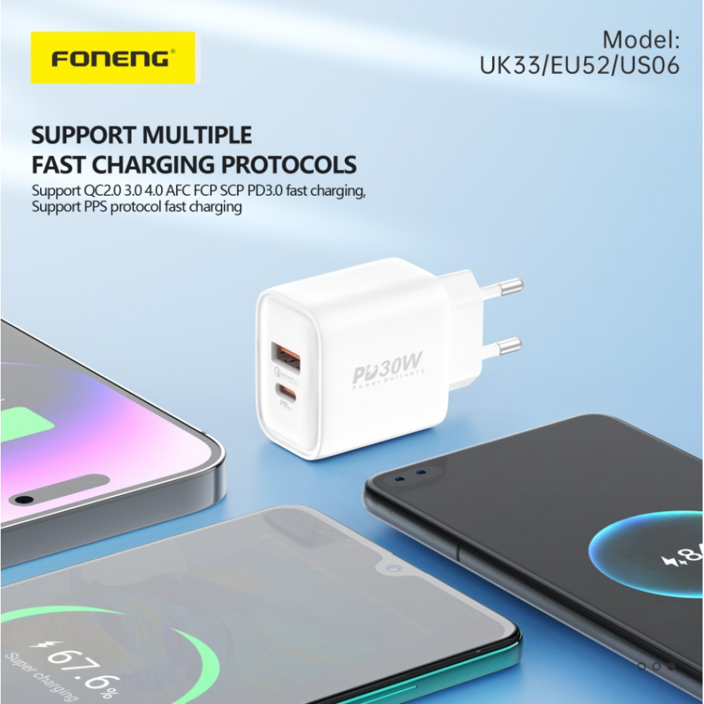 Мережевий зарядний пристрій Foneng EU52-CH PD 30W (1xUSB, 1xType-C) White