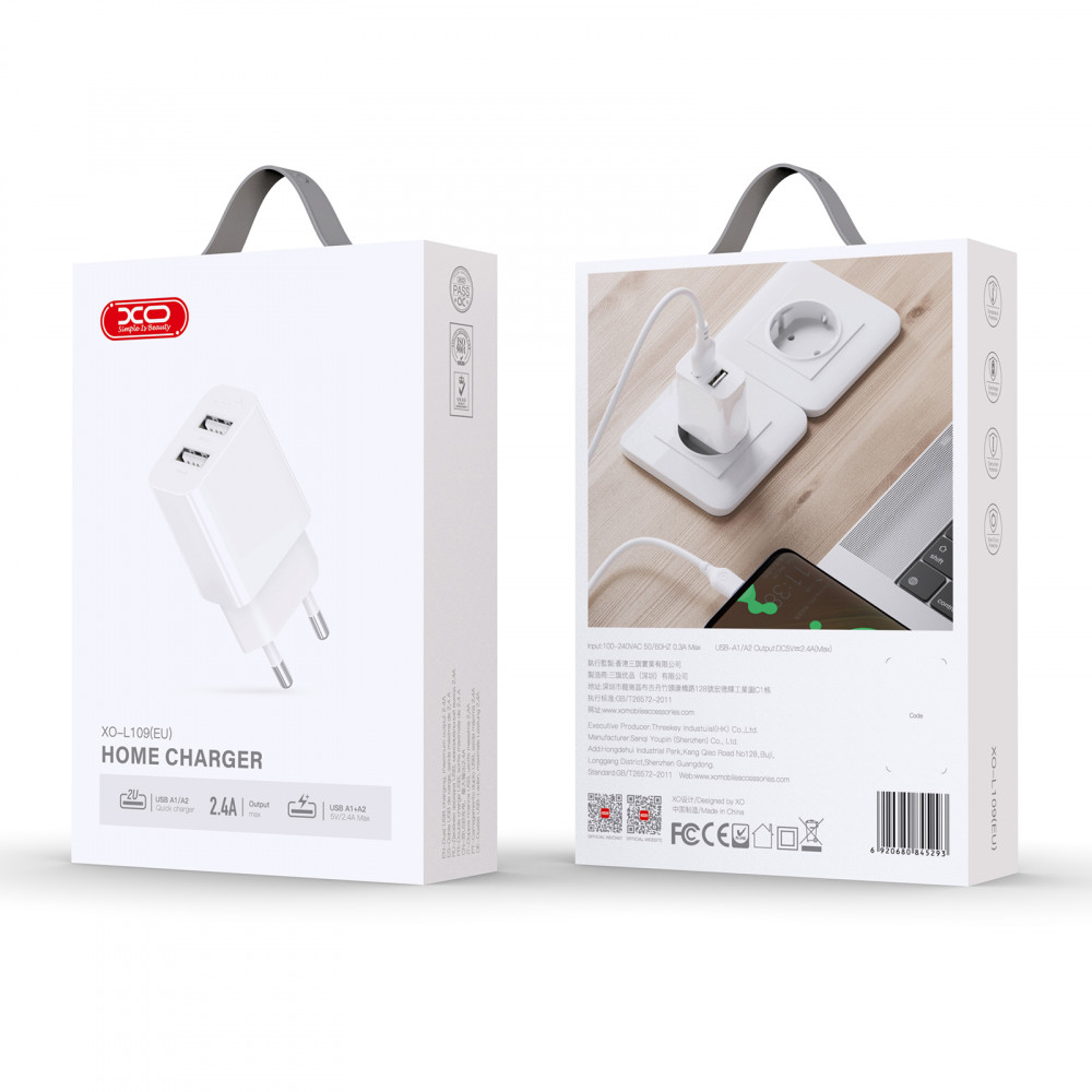 Мережевий зарядний пристрій XO L109 (2USB, 2.4А) White (L109.white)
