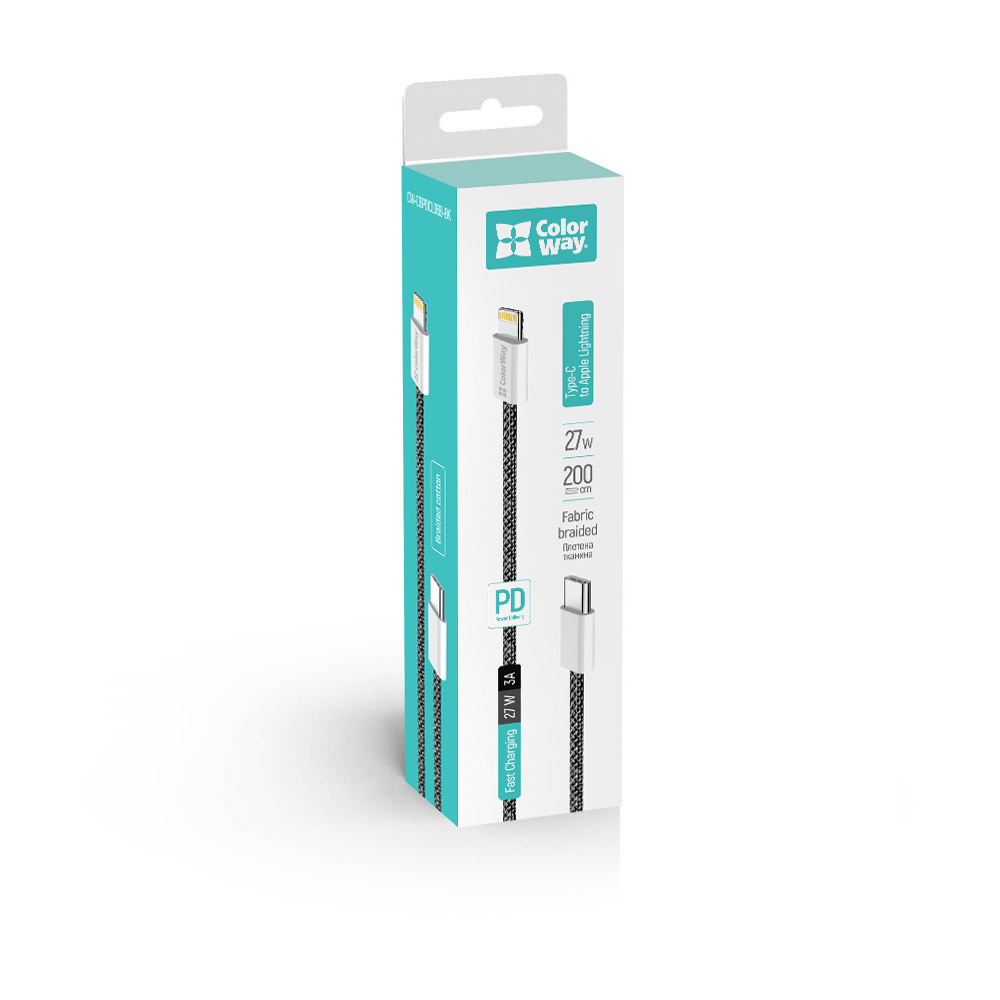 Кабель ColorWay USB Type-C - Lightning (M/M), (braided cotton) (PD Fast Charging 27W), 2 м, Black (CW-CBPDCL068-BK)