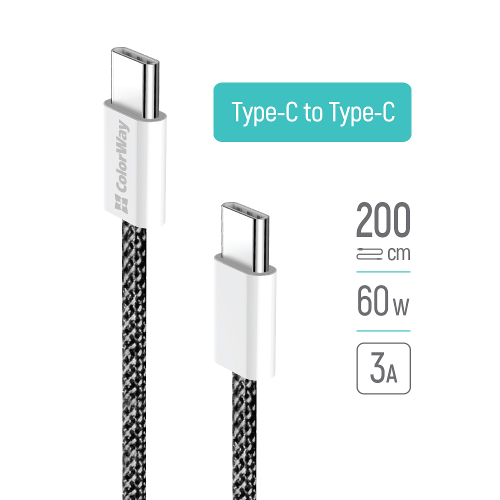 Кабель ColorWay USB Type-C - USB Type-C (M/M), 3.0 А, 2 м, Black (CW-CBPDCC068-BK)