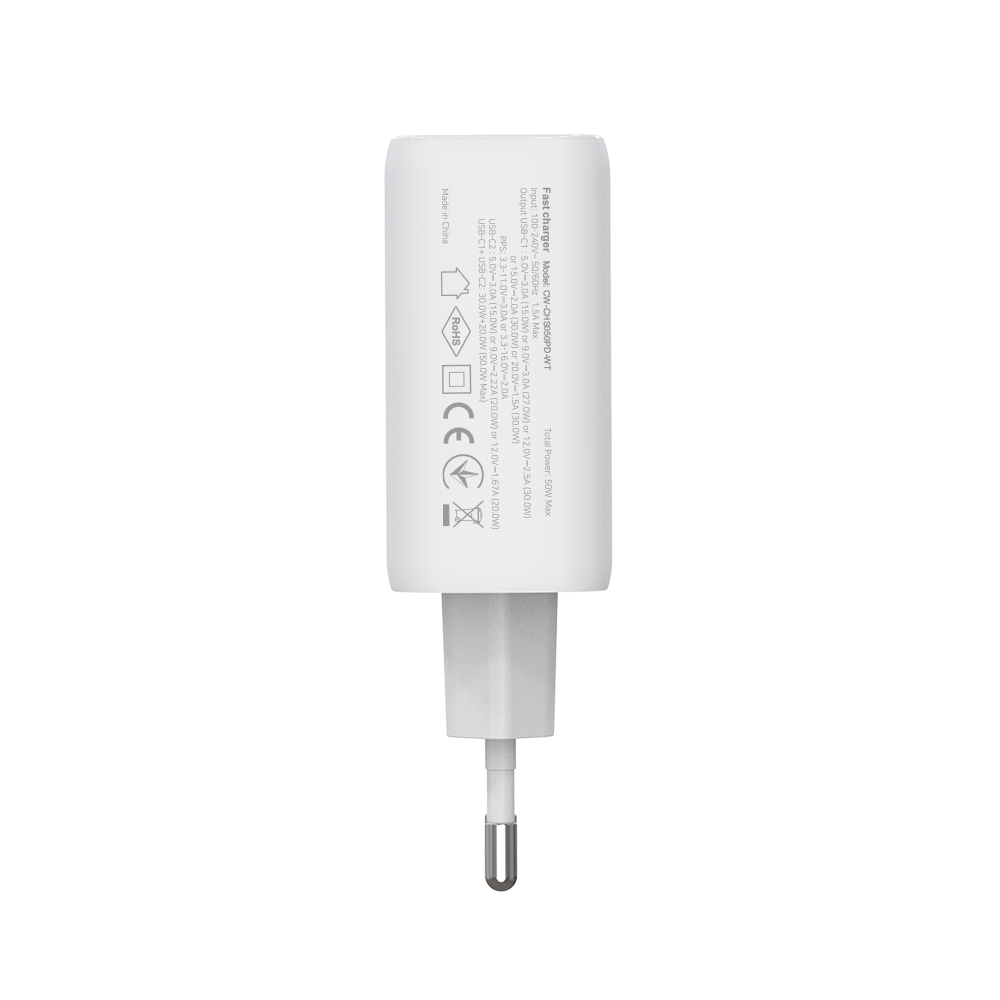 Мережевий зарядний пристрій ColorWay GaN Mini 50W PD Port PPS USB (Type-C PD 30W + Type-C PD 20W) White (CW-CHS050PD-WT)