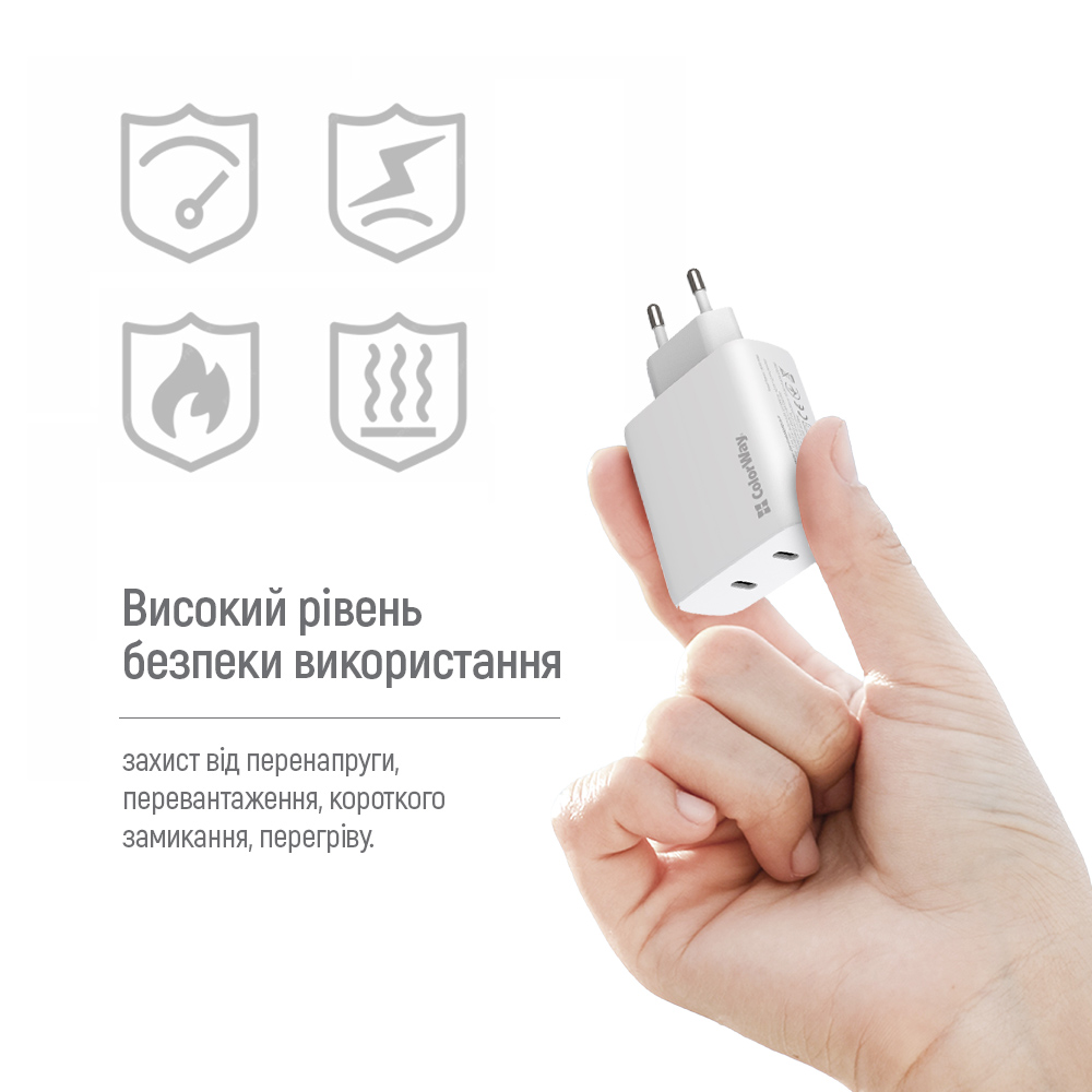 Мережевий зарядний пристрій ColorWay GaN Mini 50W PD Port PPS USB (Type-C PD 30W + Type-C PD 20W) White (CW-CHS050PD-WT)
