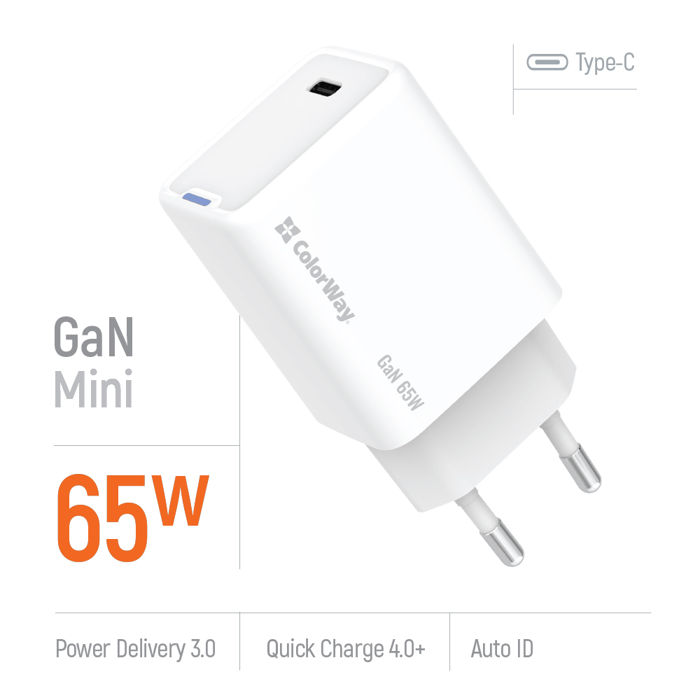 Мережевий зарядний пристрій ColorWay GaN Mini 65W PD Port PPS USB-C White (CW-CHS049PD-WT)
