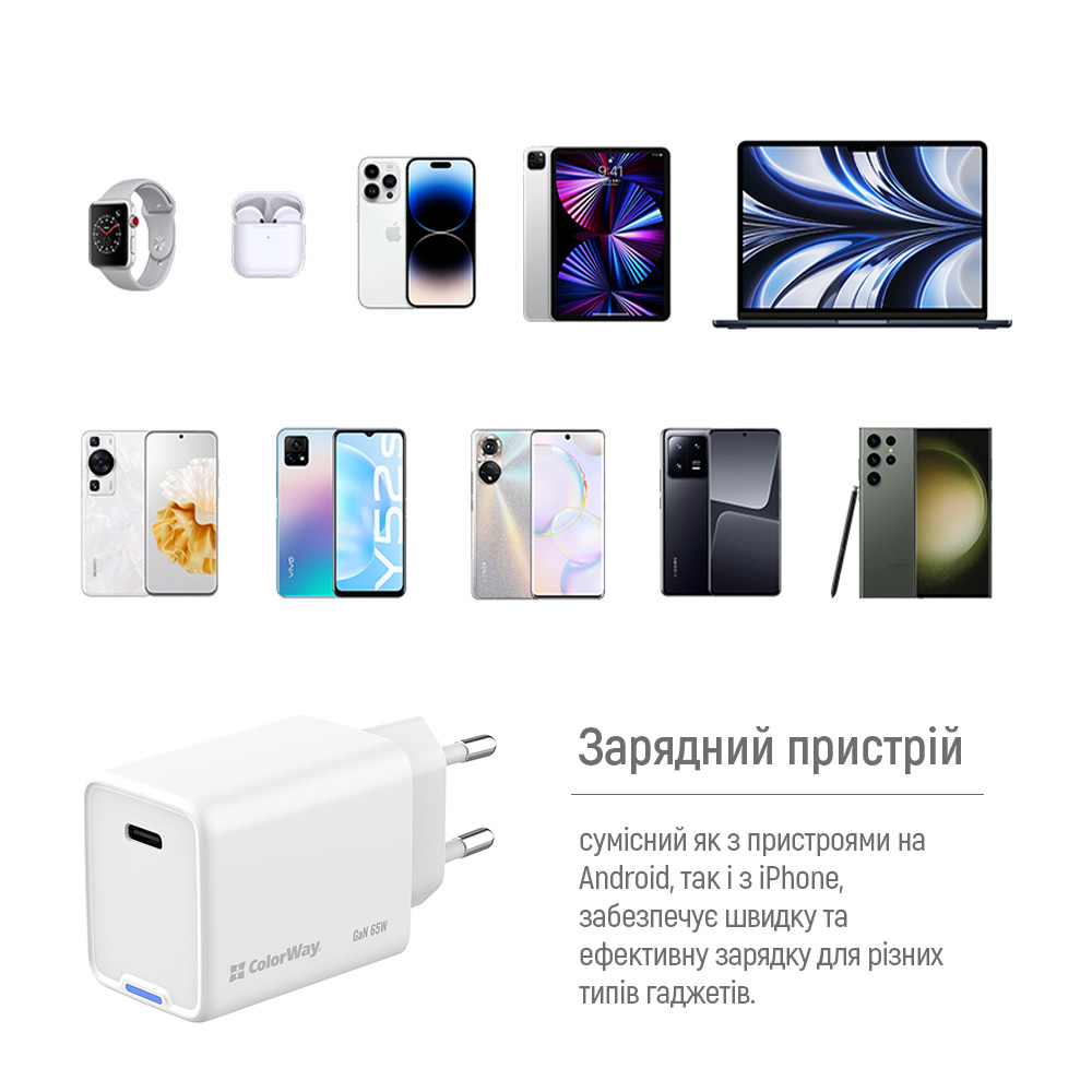 Мережевий зарядний пристрій ColorWay GaN Mini 65W PD Port PPS USB-C White (CW-CHS049PD-WT)