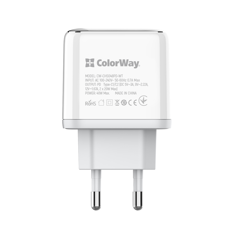 Мережевий зарядний пристрій ColorWay Power Delivery Port PPS USB (Type-C PD + Type-C PD) (40W) White (CW-CHS048PD-WT)