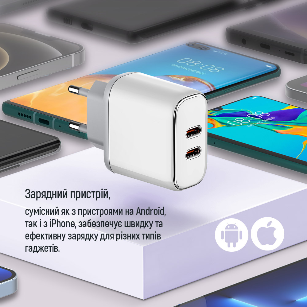 Мережевий зарядний пристрій ColorWay Power Delivery Port PPS USB (Type-C PD + Type-C PD) (40W) White (CW-CHS048PD-WT)