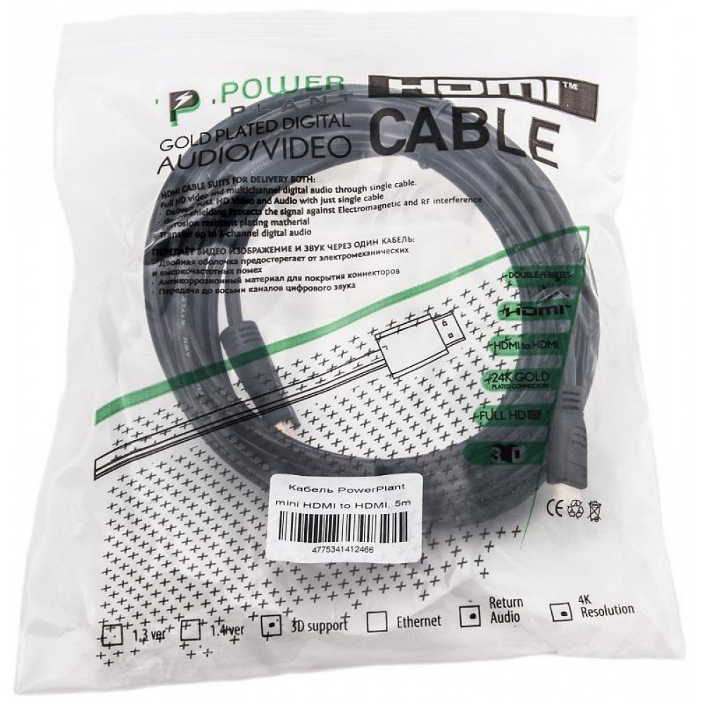 Кабель PowerPlant (KD00AS1246) miniHDMI-HDMI v1.3, 5м, Black