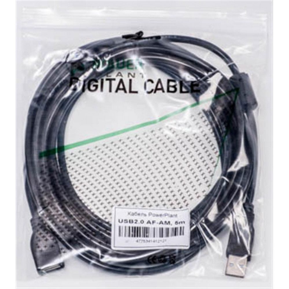 Кабель PowerPlant (KD00AS1212) USB2.0(AF)-USB2.0(AM), 5м, One ferrite, Black