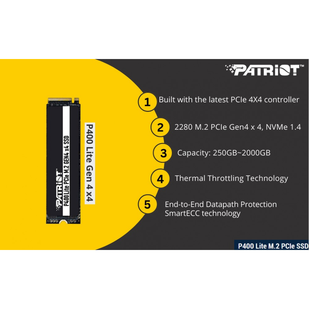 Накопичувач SSD 2TB Patriot P400 Lite M.2 2280 PCIe NVMe 4.0 x4 3D TLC (P400LP2KGM28H)