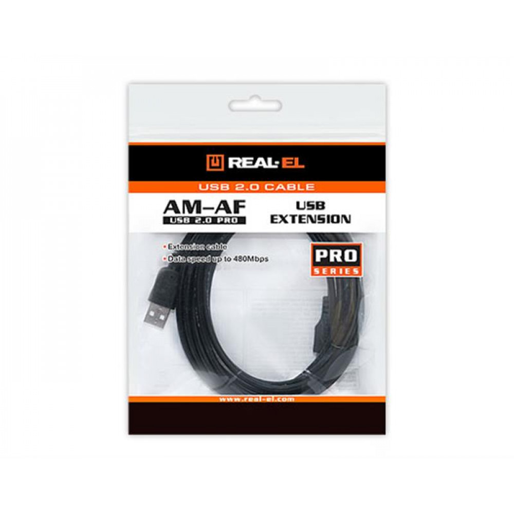Кабель REAL-EL Pro USB - USB V 2.0 (M/F), 2 м, чорний (EL123500028)