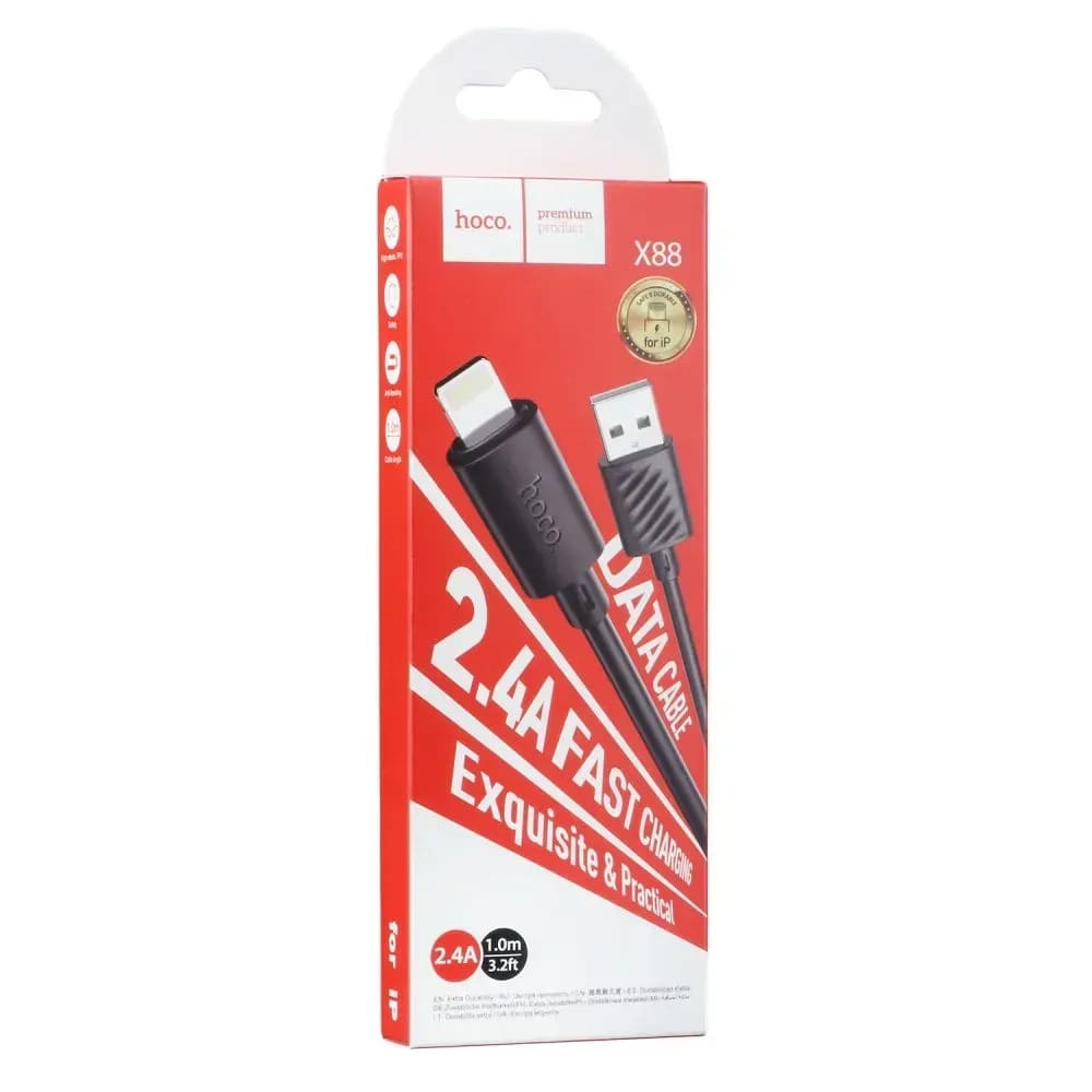 Кабель Hoco X88 Gratified USB - Lightning  (M/M), 1 м, Black (6931474783301)
