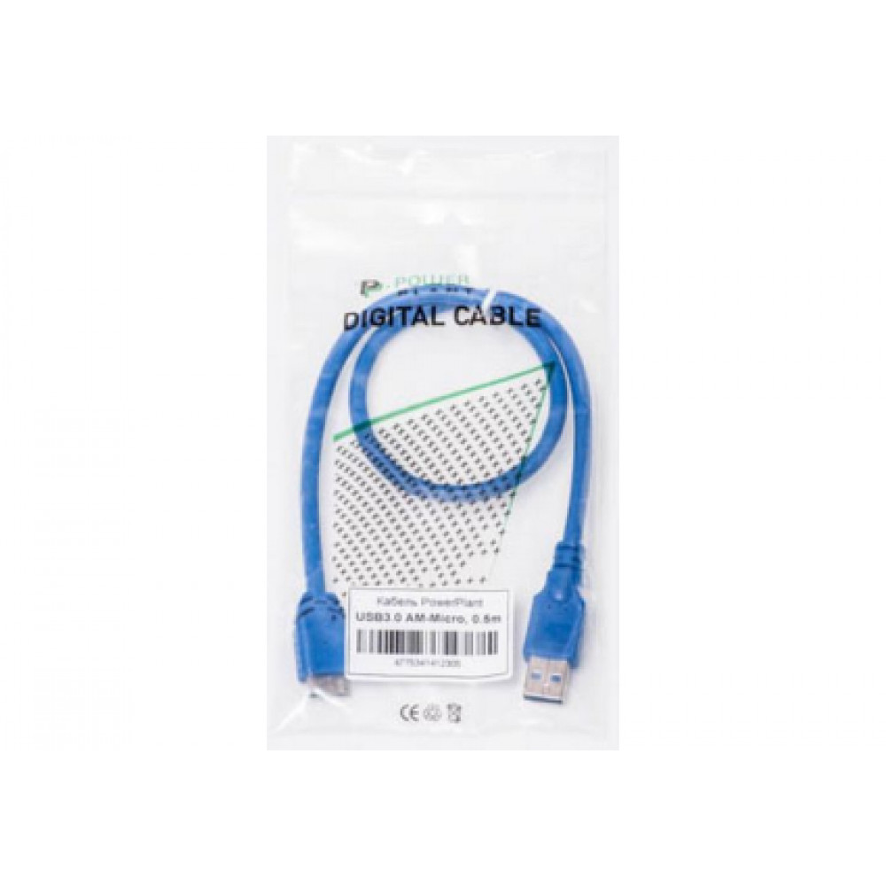 Кабель PowerPlant (KD00AS1230) USB3.0(AM)-MicroUSB3.0(BM), 0.5м, Blue