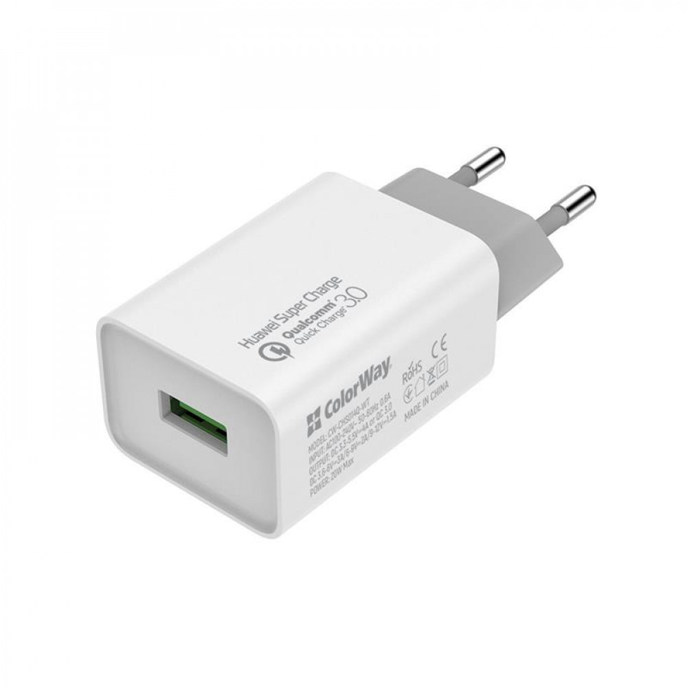 Мережевий зарядний пристрій ColorWay QC3.0 (1USBx4A) White (CW-CHS014Q-WT)