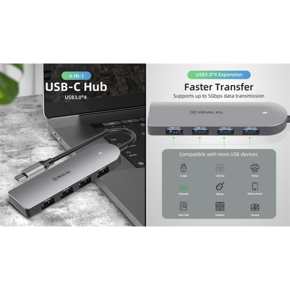 USB-хаб REAL-EL CQ-415 USB Type-C 4-в-1