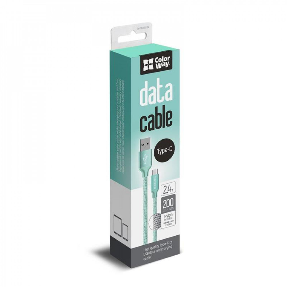 Кабель ColorWay USB - USB Type-C (M/M), 2.4 А, 2 м, Mint (CW-CBUC008-MT)