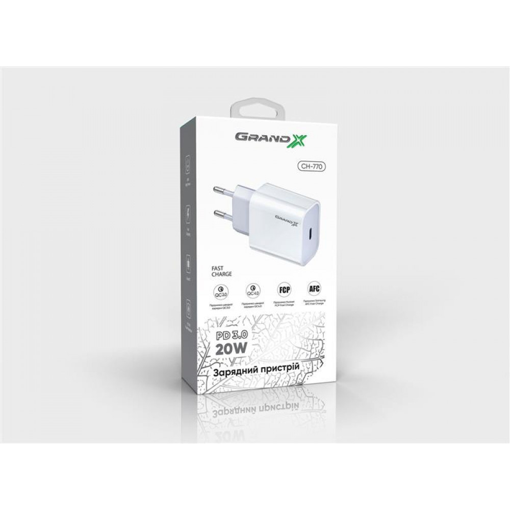 Мережевий зарядний пристрій Grand-X (1xUSB-C 20W) QC4.0, PD 3.0, FCP, AFC White (CH-770)