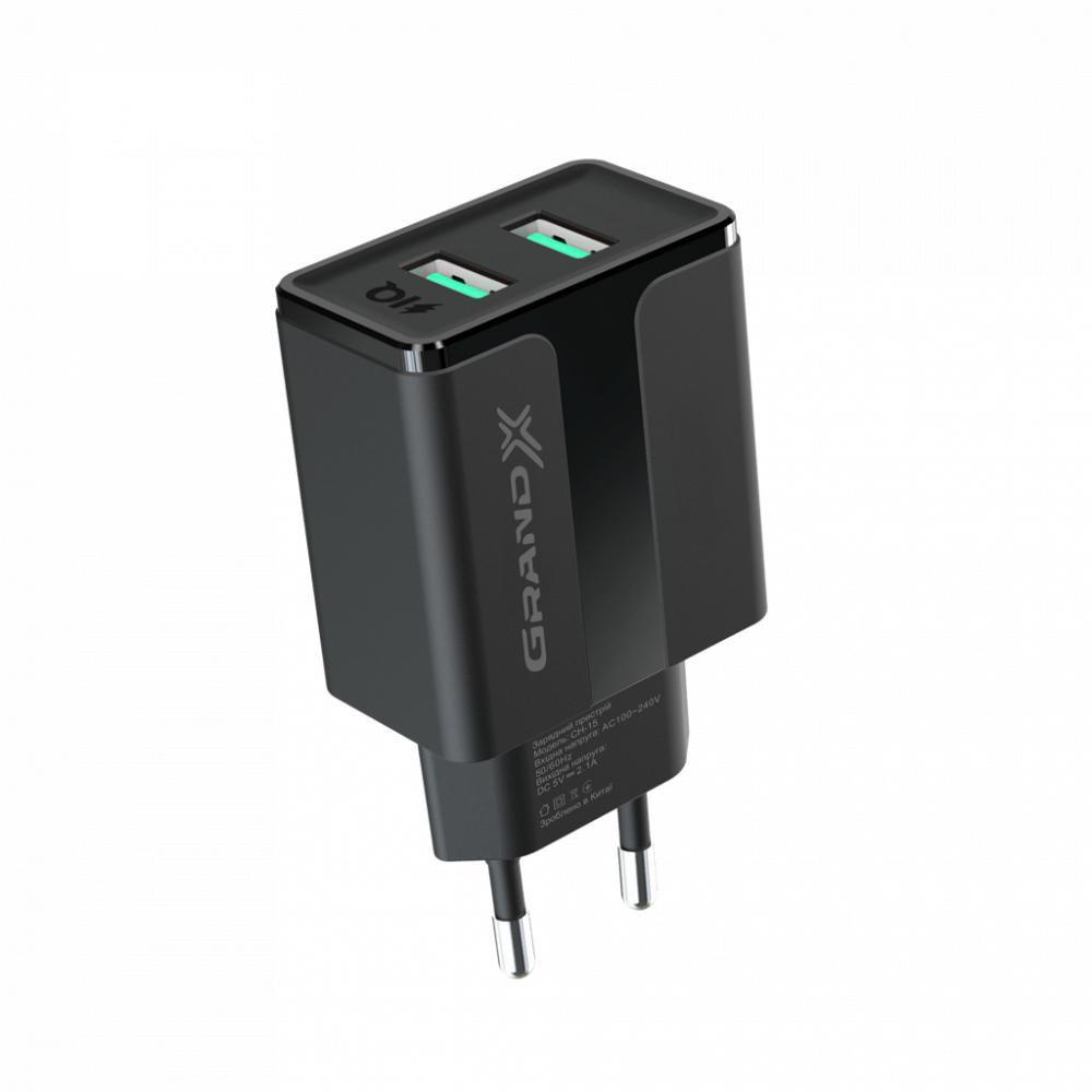 Мережевий зарядний пристрій Grand-X CH-15B (2xUSB 2.1A) Black