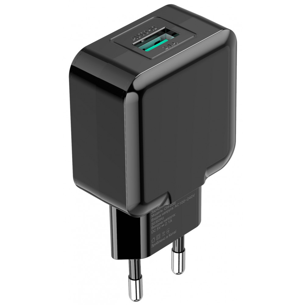Мережевий зарядний пристрій Grand-X (1xUSB 5В/2.1А) Black (CH-03B)