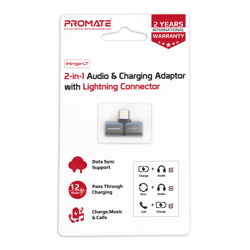 Адаптер Promate iHinge Lightning - 2хLightning (M/F) Grey